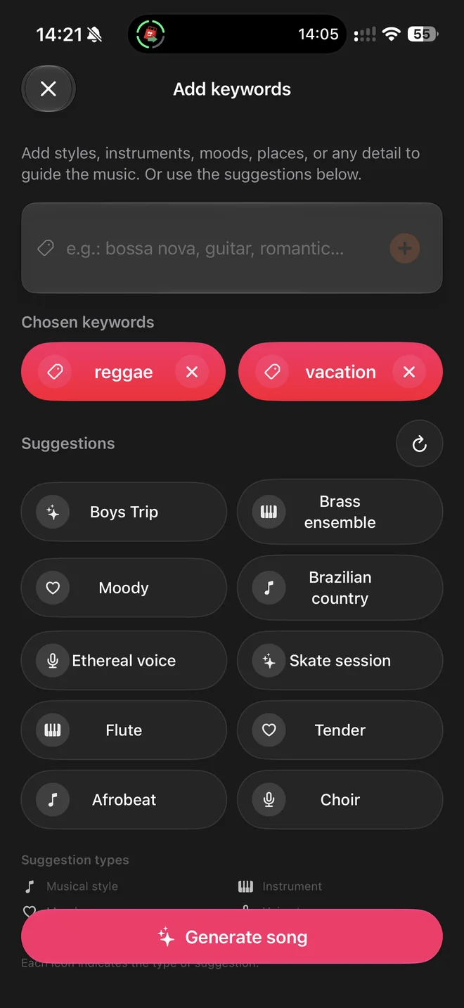 SnapSong Add keywords screen with selected styles and suggestions