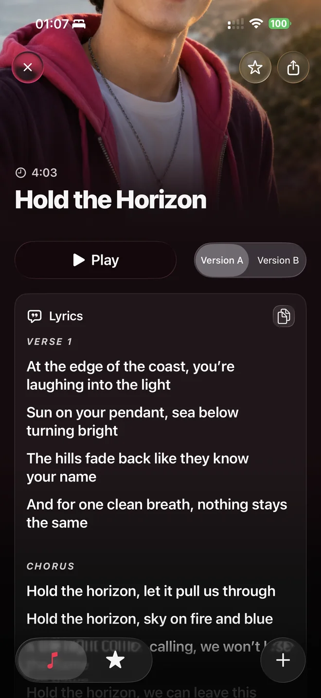 SnapSong song screen for Hold the Horizon with playback controls and lyrics